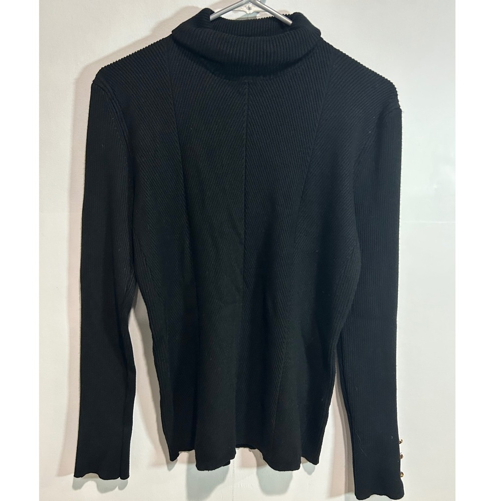 Tahari Sweater Small Black Ribbed Turtleneck Gold Button Cuff Quiet Luxury Fall
